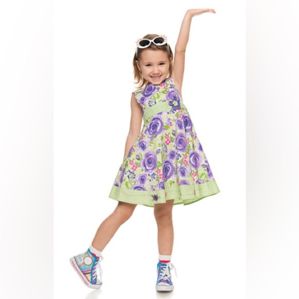 Blueberi Boulevard Girls Purple Green Floral Polka-dot Embroidered Dress 18M